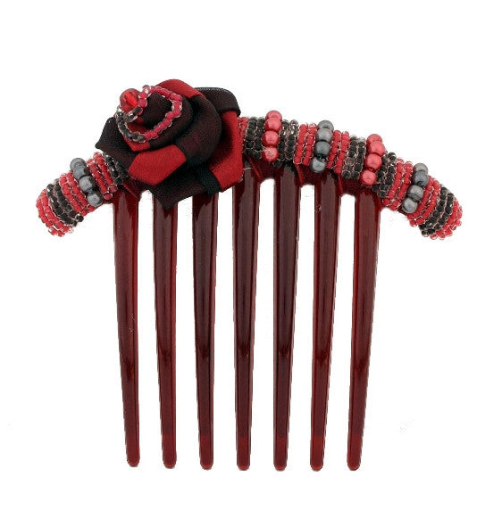 Beaded Rose French Comb with Red and Black Swarovski Crystals