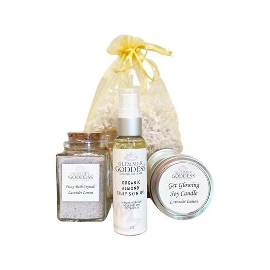 Organic Bath & Body Gift Set Sweet Almond Shower Oil, Fizzing Bath Salts and a Soy Candle